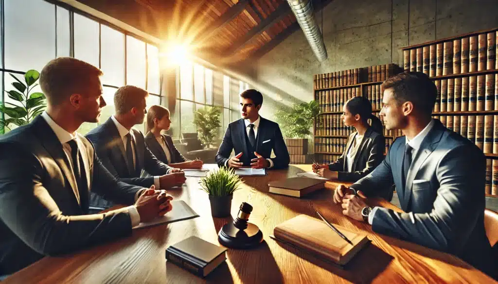 A wide-angle, photo-realistic, cinematic image with summer vibes showing a meeting room scene where key qualities of a temporary orders attorney are being discussed. The image features a group of professionals seated around a polished wooden table in a bright, sunlit office. The attorney is highlighted, wearing a professional suit, confidently speaking and gesturing while others take notes. The background has large windows letting in sunlight, green plants, and legal books, creating a welcoming and productive environment. The mood is focused and collaborative, emphasizing expertise and strategic planning.