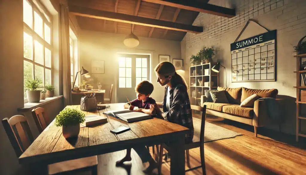 A wide-angle, photo-realistic, cinematic image with summer vibes, depicting a cozy living room where a parent helps a child with homework at a large wooden table. The parent is engaged and supportive, while the child focuses on their workbook. Nearby, a family calendar and a bookshelf add elements of stability and organization. Sunlight streams through a window, casting a warm glow over the scene. The atmosphere reflects care, communication, and a commitment to supporting the child’s education during a challenging time.