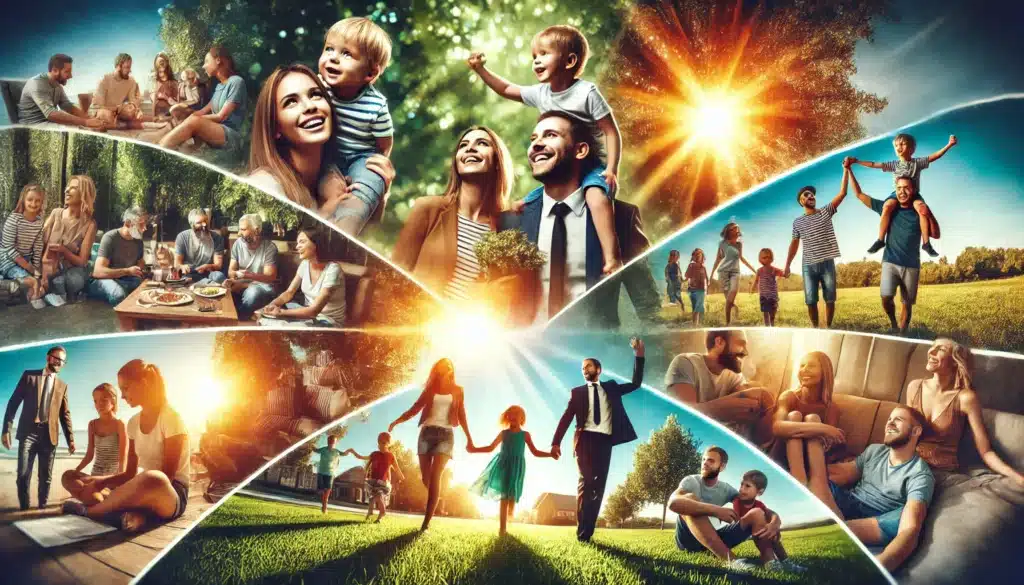 A photo-realistic, cinematic wide-angle image of a collage featuring success stories in family law, showcasing happy families. The collage includes various scenes: a family playing in a sunny park, a joyful reunion, and parents smiling with their children. The images blend together seamlessly, creating a vibrant and heartwarming summer vibe. Each family appears relaxed and content, with the sun casting a golden light over green trees and blue skies. The overall composition evokes a sense of resolution, happiness, and the positive outcomes possible through effective family law representation.