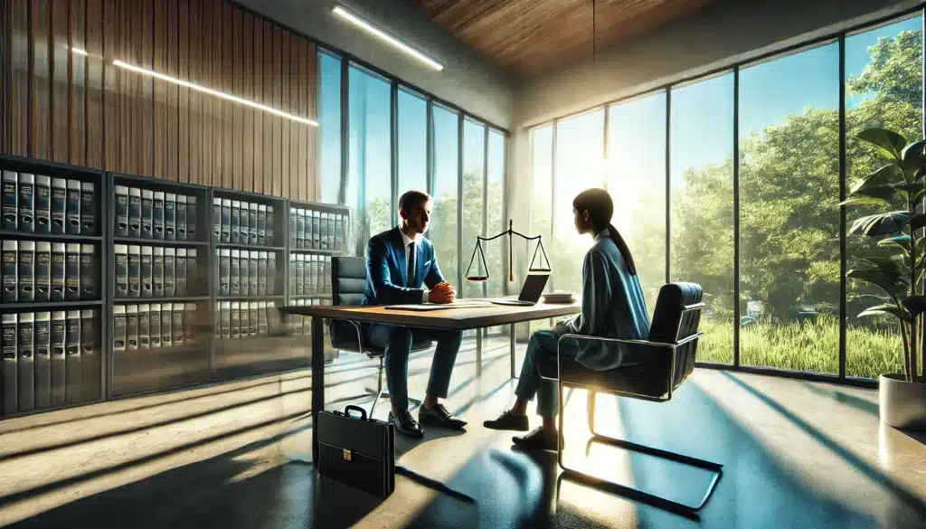 A cinematic, wide-angle, photo-realistic image of a child support attorney in River Oaks, Texas, meeting with a potential client. The scene takes place in a bright and modern office with large windows showcasing a sunny summer day with green trees visible outside. The attorney is seated at a sleek desk, attentively listening to a client seated across, who appears engaged in discussion. Legal documents, a laptop, and a notepad are neatly placed on the desk, creating an atmosphere of professionalism and trust.