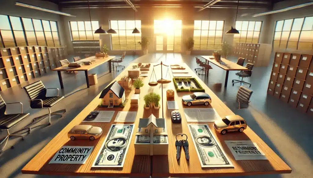 A wide-angle, photo-realistic, cinematic image set in a bright summer day showing a visual representation of community property assets being divided. The scene features a large wooden table with various symbolic assets like a stack of cash, house keys, a car model, and documents representing retirement accounts. The items are being divided into two equal sections on the table, suggesting fair distribution. The background shows a sunlit office setting with large windows casting a warm, summer glow. The atmosphere feels balanced and fair, emphasizing the concept of equitable division. No people or camera equipment are visible.