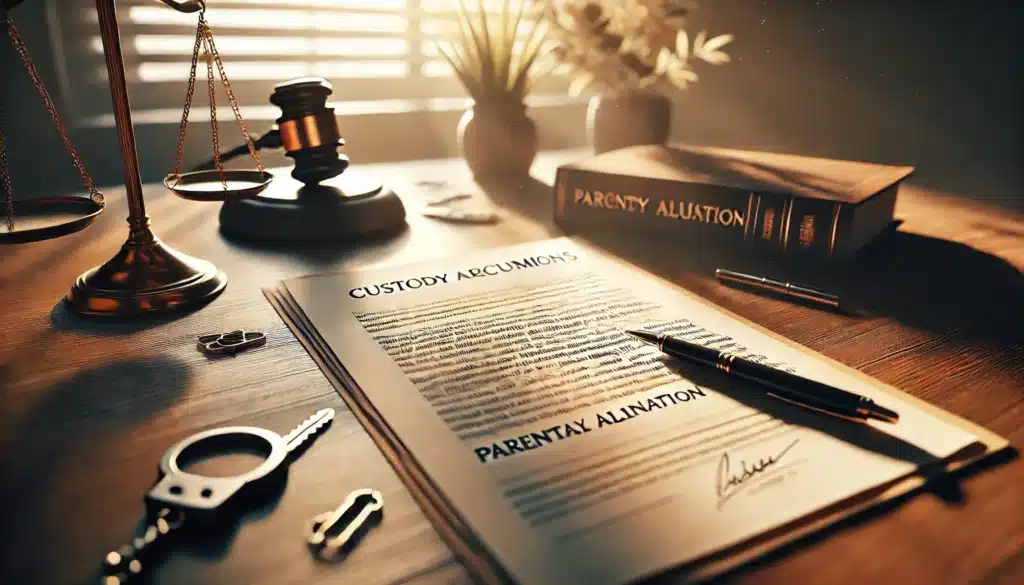 A photo-realistic, cinematic wide-angle image of a legal document related to custody arrangements and parental alienation. The document is placed on a wooden desk, with visible text and legal language. Soft summer light filters through the window, casting a warm glow on the document, which symbolizes the seriousness of legal proceedings in parental alienation cases. The scene conveys a sense of urgency and professionalism, capturing the emotional weight of custody battles and legal steps taken to address parental alienation.