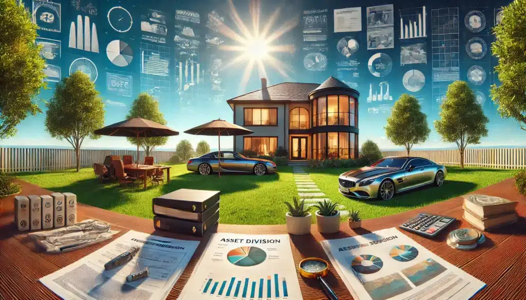 A wide-angle, photo-realistic, cinematic summer scene illustrating complex asset division in divorce, highlighting high-value assets. The scene shows a large modern home, luxury car, and business office on one side, and legal documents and financial reports on the other. The setting is bathed in warm summer sunlight with a lush green lawn and bright blue sky, creating a serene atmosphere that contrasts with the complexity of dividing high-value assets. The elements in the image represent the wealth and intricate nature of high-value asset division in a divorce.