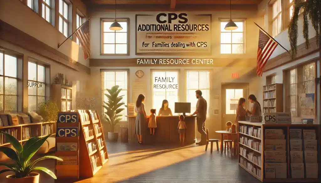 A cinematic, wide-angle, photo-realistic depiction of a scene highlighting additional resources for families dealing with CPS, focusing on support and guidance. The image shows a family resource center with welcoming staff assisting parents at a reception desk. A warm summer glow filters through large windows, illuminating brochures and informational posters about CPS support services. The atmosphere is calm and supportive, with details like a child-friendly play area, potted plants, and a bulletin board featuring local support groups and community events. The scene conveys hope, guidance, and collaboration in a serene summer setting.