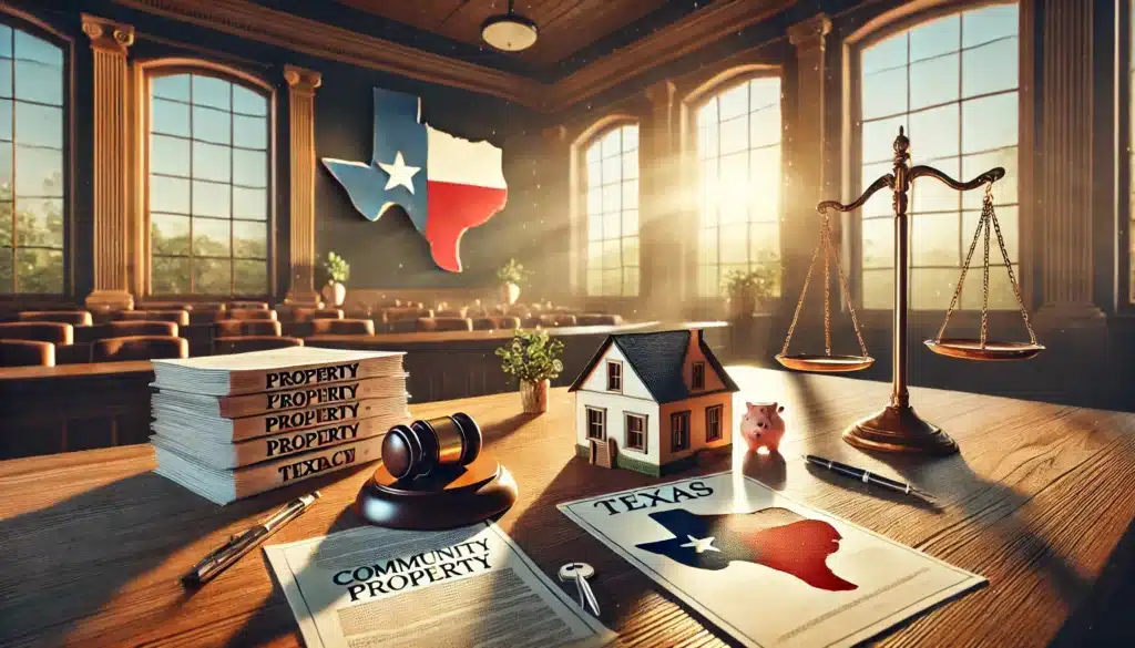 A wide-angle, photo-realistic, cinematic image depicting the concept of property division in Texas divorces. The scene shows a Texas-style courtroom with warm summer sunlight streaming through large windows, highlighting stacks of documents on a wooden desk. Scales of justice are prominently displayed alongside a map of Texas on the wall. The setting conveys community property laws with symbolic elements, such as divided assets like a small house model, a car key, and a piggy bank split in two. The atmosphere is professional yet approachable, evoking clarity and justice.