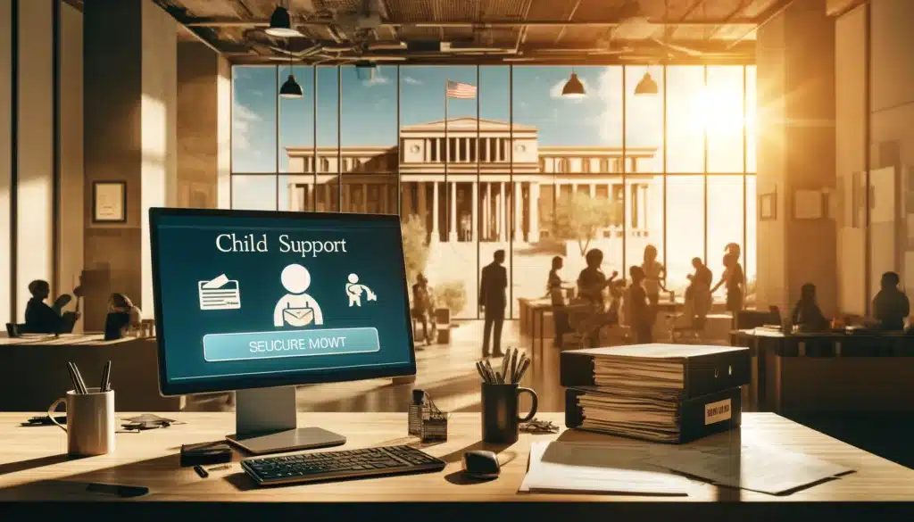 A cinematic, photo-realistic wide-angle image illustrating the benefits of using the state’s child support payment system. The image shows a modern office with a family-friendly atmosphere, featuring a computer screen displaying a secure payment portal. In the background, a government building is visible through large windows with warm sunlight streaming in, capturing the summer vibes. Symbolic elements like organized paperwork, legal documents, and satisfied parents reviewing the payment process reinforce the theme of transparency and convenience.