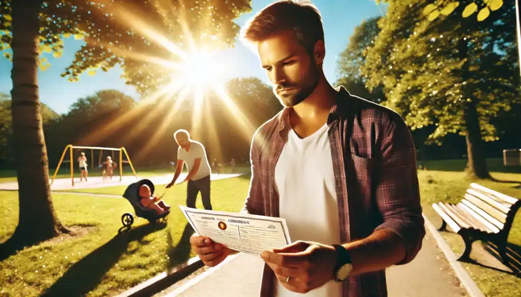 A wide-angle, photo-realistic, cinematic image with summer vibes. The scene features a father standing outdoors in a sunlit park, holding a child's birth certificate in his hands. The father looks down at the document with a thoughtful and determined expression, emphasizing the importance of establishing paternity. The background shows a bright, warm summer day with green trees and children playing in the distance. The sunlight casts a golden glow, creating a hopeful and serene atmosphere. The image conveys the emotional weight and significance of legal steps like establishing paternity for fathers.