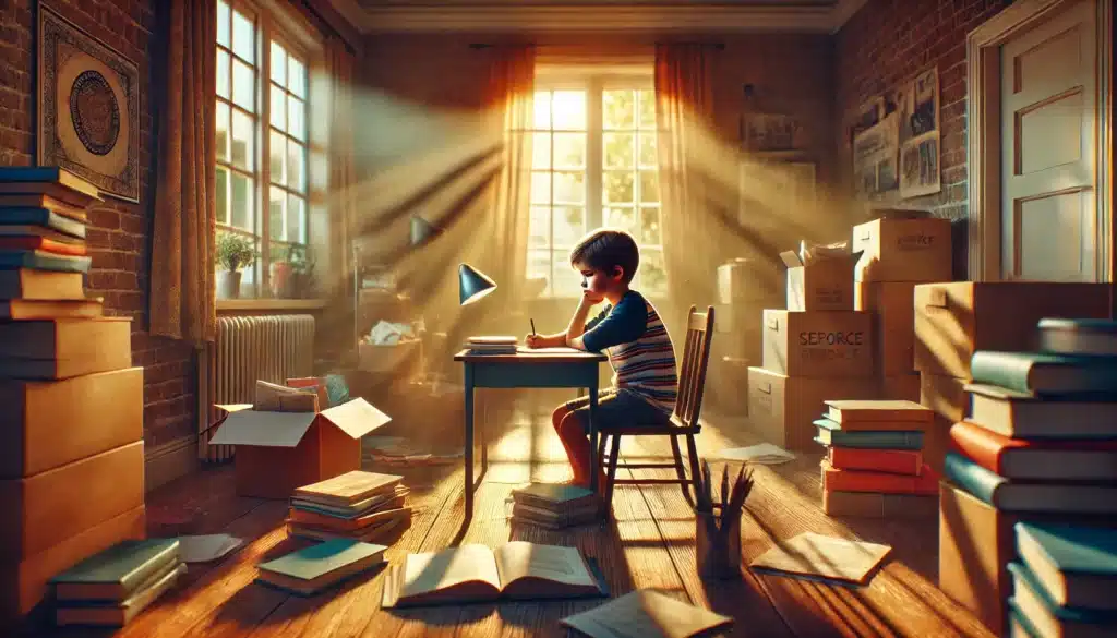 A cinematic, wide-angle, photo-realistic image capturing the impact of divorce on children's academic performance. The setting features a young child sitting at a desk in a sunlit room, surrounded by scattered books and papers, looking distracted and thoughtful. The background shows subtle signs of a divided household, such as packed boxes or separate family photos, while a bright summer day is visible through the window. The scene conveys a blend of emotional struggle and hope, with warm lighting and vibrant summer vibes.