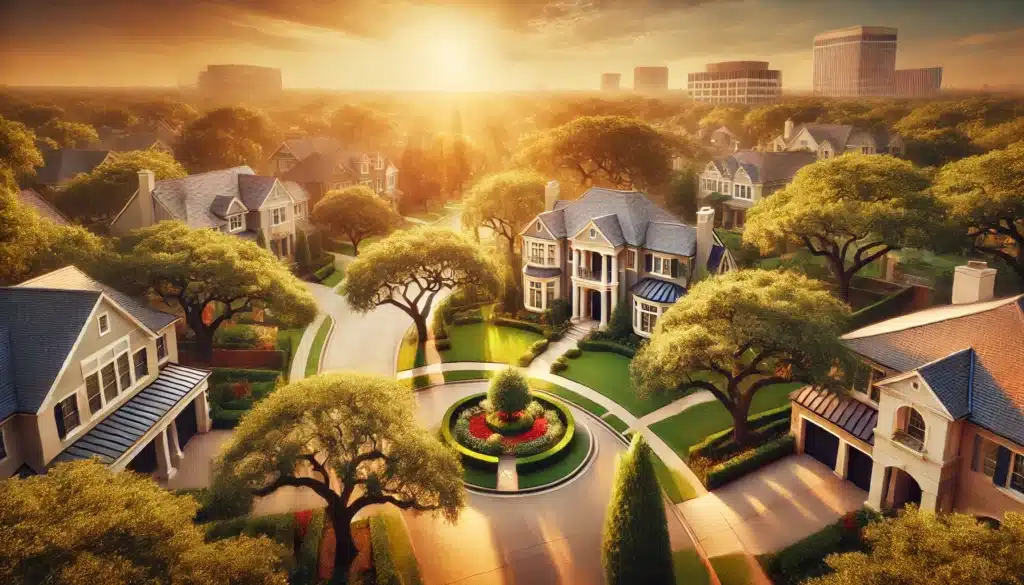 A wide-angle, photo-realistic, cinematic image of a picturesque neighborhood in River Oaks, Texas, during summer. The scene captures a sophisticated suburban vibe with elegant homes surrounded by lush greenery and vibrant flowers. A warm, golden sunlight bathes the streets, creating a serene and inviting atmosphere. Subtle hints of legal aspects are represented with a courthouse or law office subtly visible in the background, blending into the neighborhood's charm. The overall tone reflects an analytical yet approachable overview of contested divorces in River Oaks.