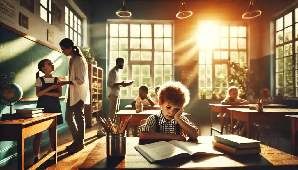 A wide-angle, photo-realistic, cinematic image with summer vibes, depicting a young child sitting at a desk in a brightly lit classroom, appearing distracted and upset. Papers and books are scattered on the desk, reflecting academic challenges. In the background, a teacher is helping another student, and a parent stands at the doorway, looking concerned. The sunlight streaming through large windows creates a warm, summery glow, while the scene conveys both emotional tension and a sense of care and support.