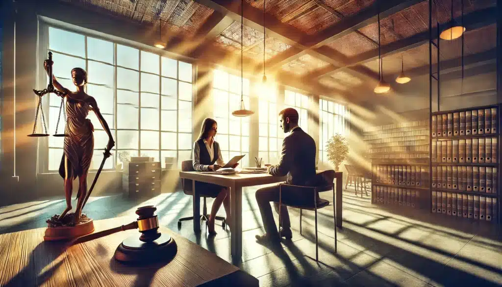 A wide-angle, photo-realistic, cinematic image with summer vibes depicting the role of family law attorneys in legal matters. The scene shows a professional office setting with a compassionate attorney sitting at a desk, reviewing documents with a client. Sunlight streams through large windows, illuminating the space with a warm and inviting atmosphere. The background includes subtle legal elements like scales of justice and law books, emphasizing the attorney's role in resolving family legal issues. The setting reflects trust, professionalism, and approachability.