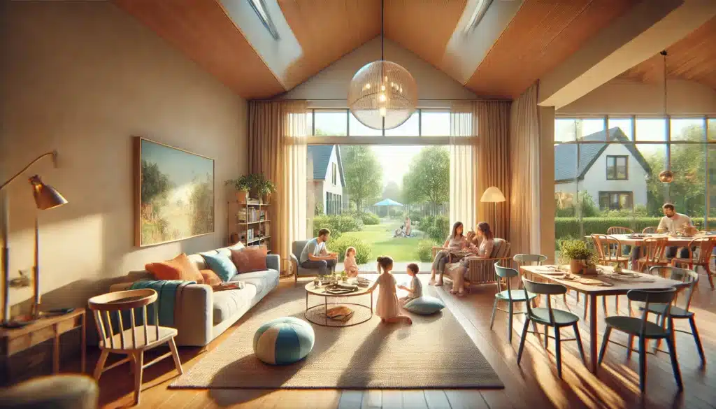 A wide-angle, photo-realistic, cinematic image with summer vibes, showing a nurturing home environment suitable for foster and adopted children. The scene features a warm, inviting living room with a family gathered together, engaging in an activity like reading or playing a board game. Soft sunlight streams through large windows, illuminating cozy furniture and colorful decor that create a sense of comfort and belonging. Outside, a lush green backyard is visible, enhancing the serene and family-friendly atmosphere.