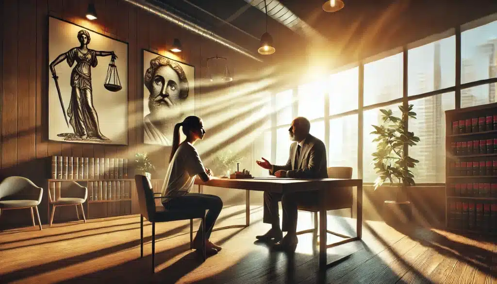 A cinematic, wide-angle, photo-realistic image of an experienced CPS defense attorney in a consultation with a client. The scene is set in a modern, comfortable law office on a bright summer day, with sunlight streaming through large windows. The attorney is depicted as calm and professional, offering legal support to a concerned client. The client appears relieved and hopeful as they discuss their case. The atmosphere is one of trust and collaboration, with a focus on the attorney’s role in providing guidance and reassurance. The summer vibe is reflected in the warm lighting and inviting office environment.