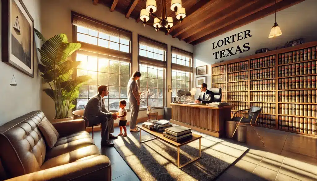 A wide-angle, photo-realistic, cinematic image with summer vibes, capturing a professional, welcoming law office in Porter, Texas. The office features large windows with sunlight streaming in, a modern desk with legal books and paperwork scattered neatly, and a comfortable seating area where a family is consulting with an experienced attorney. The attorney is attentively listening to the family, offering guidance and support in a calm, professional manner. The setting exudes a sense of trust, professionalism, and expertise, with a warm, inviting atmosphere. The image emphasizes the importance of engaging experienced child custody attorneys for legal representation.