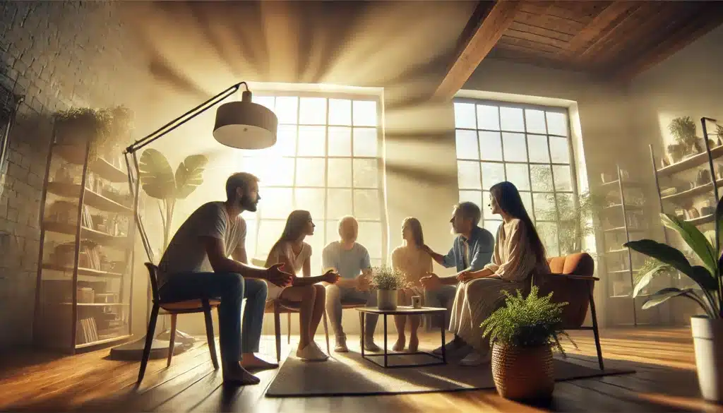 A wide-angle, photo-realistic, cinematic image with summer vibes, depicting the emotional impact of annulments on families. The scene shows a family sitting together in a cozy living room, engaged in a heartfelt discussion. Subtle sunlight filters through large windows, creating a warm and reflective atmosphere. Each family member appears thoughtful and empathetic, symbolizing the challenges and support during an annulment process. No text or camera equipment visible in the image.