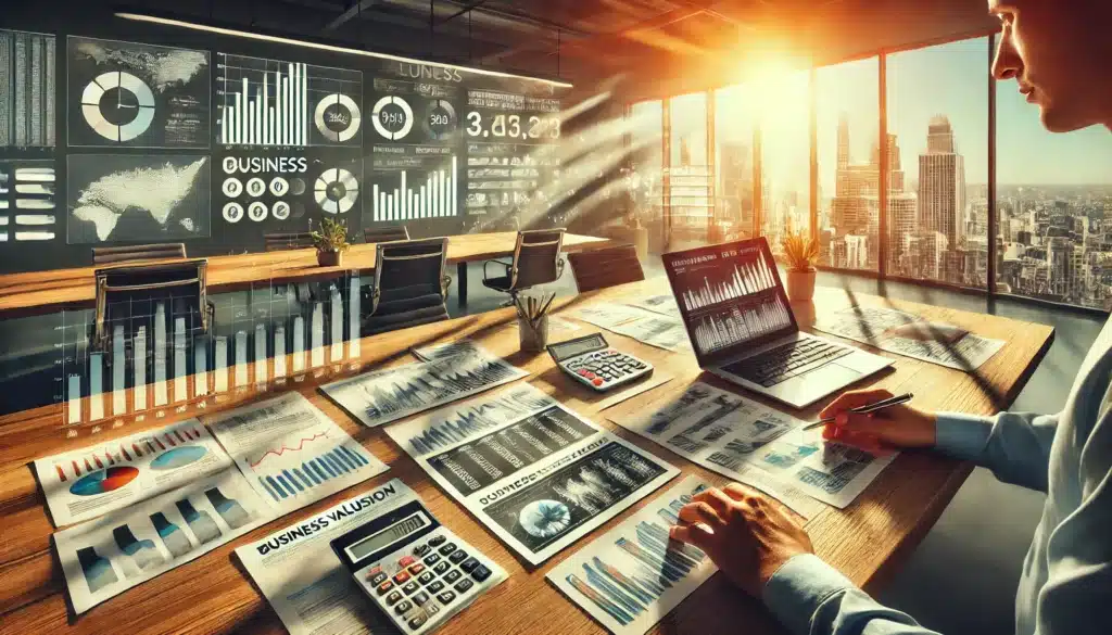 A cinematic, wide-angle, photo-realistic image with summer vibes illustrating the valuation process for business assets. The image features a financial expert analyzing business financial documents, spreadsheets, and reports on a large desk. Visual elements include calculators, charts showing market trends, and business asset evaluations, with a professional office setting. Sunlight streams through the window, with a view of a Texas skyline outside, giving the scene a warm and bright summer atmosphere. The image evokes a sense of precision and detailed financial analysis, essential for business valuation in a divorce.