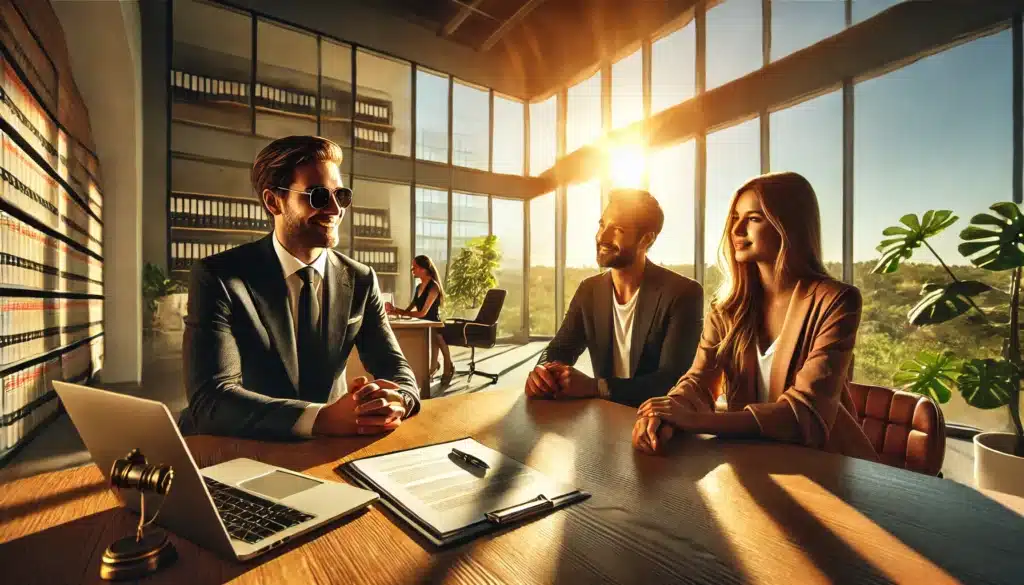 Wide-angle, photo-realistic, cinematic image with summer vibes. The scene features a successful consultation between clients and experienced family law attorneys in Spring, Texas. The setting is a modern, sunlit office with large windows and a view of a sunny day outside. The attorney is smiling confidently, sitting across from a couple who look relieved and engaged in the discussion. Legal documents and a laptop are on the desk, indicating productive dialogue. The atmosphere is warm, professional, and inviting, capturing the positive outcome of the consultation in a bright, summer setting.