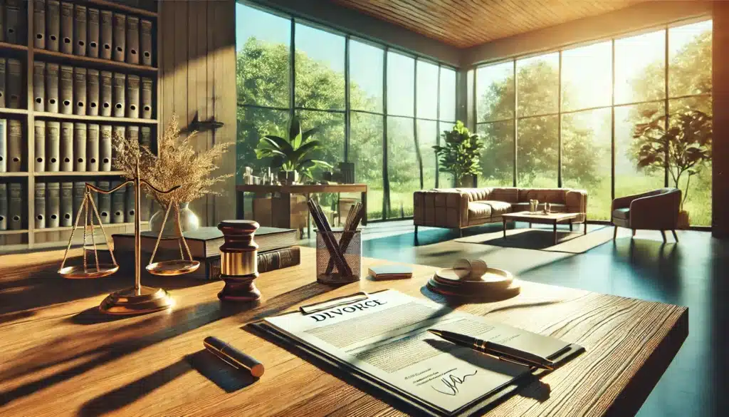 A cinematic, wide-angle, photo-realistic image capturing a serene office setting on a sunny summer day. The image features a desk with organized divorce documents, a pen, and a cup of coffee. In the background, large windows let in sunlight, with lush green trees outside. The atmosphere is calm and professional, symbolizing an overview of uncontested divorce processes. The setting is inviting and warm, reflecting clarity and resolution. No visible branding or text.