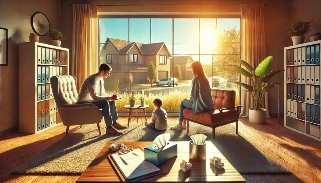 A wide-angle, photo-realistic cinematic image with summer vibes, depicting a counseling session addressing emotional challenges in child custody cases. The scene shows a warm and inviting office with a counselor sitting across from a parent and a young child, offering support. A box of tissues and a notebook are on a small coffee table between them. Through the large window, a sunny suburban neighborhood is visible, creating a sense of hope and tranquility. The atmosphere emphasizes empathy, care, and emotional healing.