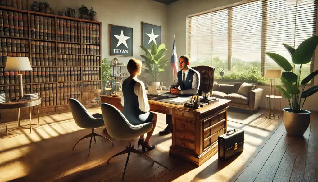 A wide-angle, photo-realistic, cinematic image of a family law attorney consulting with a client about choosing the right legal representation. The scene is set in a professional office with a polished wooden desk and comfortable seating. Legal documents, a laptop, and informational brochures are neatly arranged on the desk. The attorney appears attentive and empathetic, offering advice to the client seated across the desk. The summer atmosphere is emphasized with natural sunlight streaming through large windows, casting a warm glow over the room. The decor includes greenery, tasteful artwork, and subtle Texas-inspired elements like a Lone Star flag. The mood conveys professionalism, trust, and support.