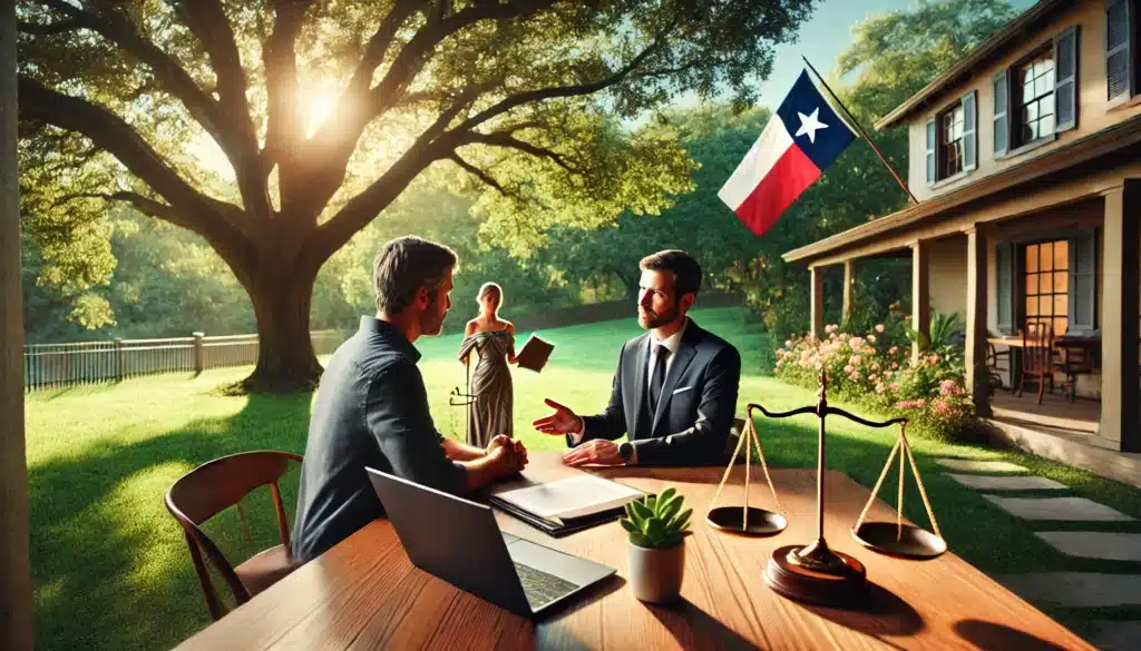 A cinematic, wide-angle, photo-realistic scene depicting a conservatorship attorney providing legal guidance. The setting is an outdoor summer environment, with the attorney and a client seated at a wooden table under a shady tree, surrounded by vibrant greenery and sunlight. The attorney is explaining documents, with a laptop and scales of justice subtly placed on the table. The background includes a serene park with a Texas flag visible, evoking a sense of professionalism, resolution, and summer warmth.