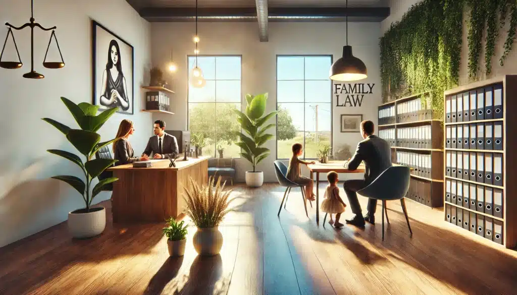 A photo-realistic, cinematic wide-angle image illustrating common family law matters in Porter, Texas. The image features a symbolic representation of a child custody discussion with a family and attorney seated at a desk in a professional office. Nearby, another desk showcases a couple discussing divorce paperwork with a second attorney. The setting is bright and welcoming, with sunlight streaming through large windows, casting warm summer vibes. Greenery and modern decor give the office a comforting and professional feel, reflecting the support provided during challenging family law cases.