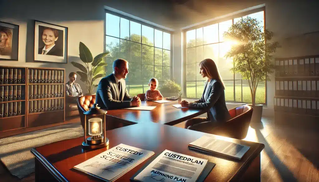 A cinematic, photo-realistic wide-angle image showcasing how mediation helps resolve custody disputes. The scene is set in a bright, summer-lit office with large windows overlooking a lush, sunlit park. A mediator sits at a polished wooden table, calmly facilitating a conversation between two parents. Each parent is attentive and engaged, with a custody schedule and parenting plan documents spread across the table. A framed photo of a smiling child is placed prominently on the desk, symbolizing their shared focus on the child’s well-being. The setting conveys warmth, professionalism, and cooperation, emphasizing resolution and harmony.