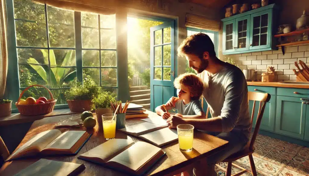 A cinematic, photo-realistic wide-angle image capturing the theme of supporting children's education during and after divorce. The scene features a caring parent sitting with their child at a bright, summer-lit kitchen table, working on homework together. A gentle breeze flows through an open window, with sunlight streaming in and highlighting books, notebooks, and a glass of lemonade on the table. The child looks focused and comforted by the parent's presence, symbolizing support and stability. In the background, the scene transitions into a lush garden view, emphasizing a hopeful and nurturing environment.