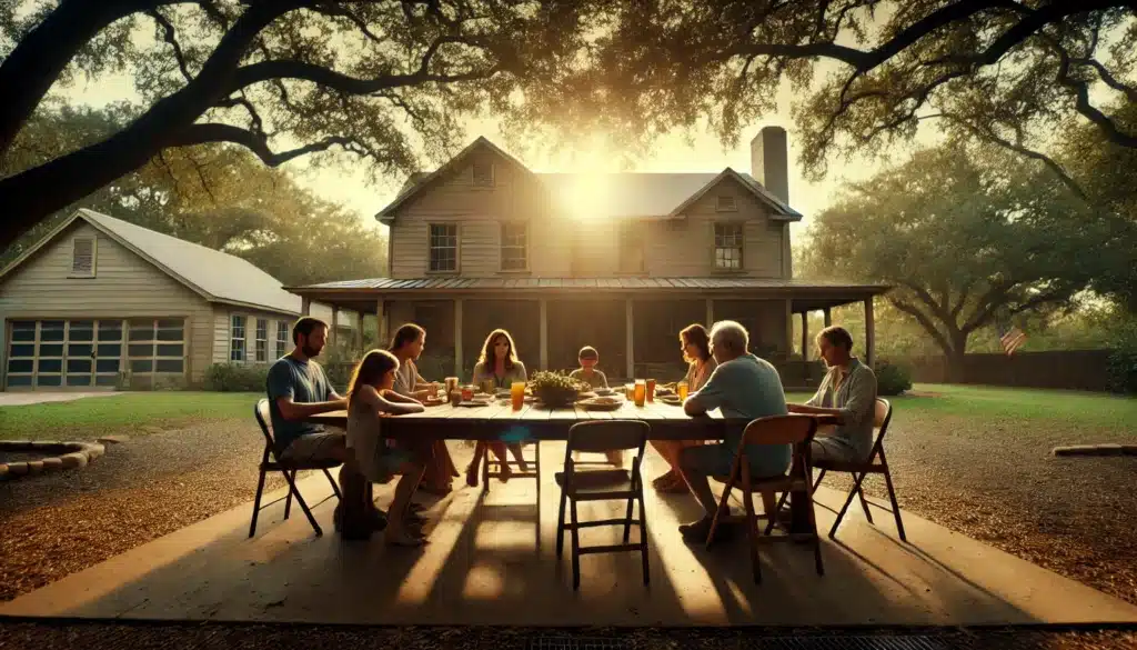 A cinematic, photo-realistic wide-angle summer scene showing a family sitting at a large wooden table outdoors in a Texas backyard, with subtle tension in the atmosphere. The family members are spaced slightly apart, symbolizing the impact of adultery on relationships. Warm sunlight filters through trees, casting natural light and enhancing the cinematic feel. In the background, a Texas-style home and a quiet, reflective environment emphasize the story's emotional weight. The image captures both the familial bond and the strain caused by conflict. No text or camera equipment in the image.