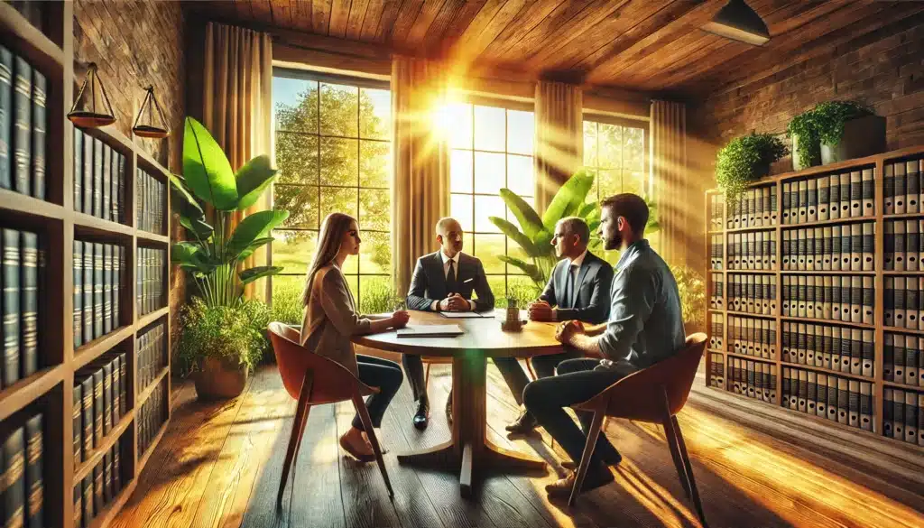 A photo-realistic, wide-angle cinematic summer scene depicting emotional and legal support during mediation. The image shows a bright, welcoming office with a professional mediator and an attorney sitting with clients at a round wooden table. The atmosphere is calm and supportive, with warm natural lighting streaming through large windows overlooking a lush, sunlit summer landscape. The participants appear engaged and reassured, showcasing a balance of emotional and legal guidance in a serene setting. The summer vibes are enhanced by the vibrant greenery and soft, inviting lighting.