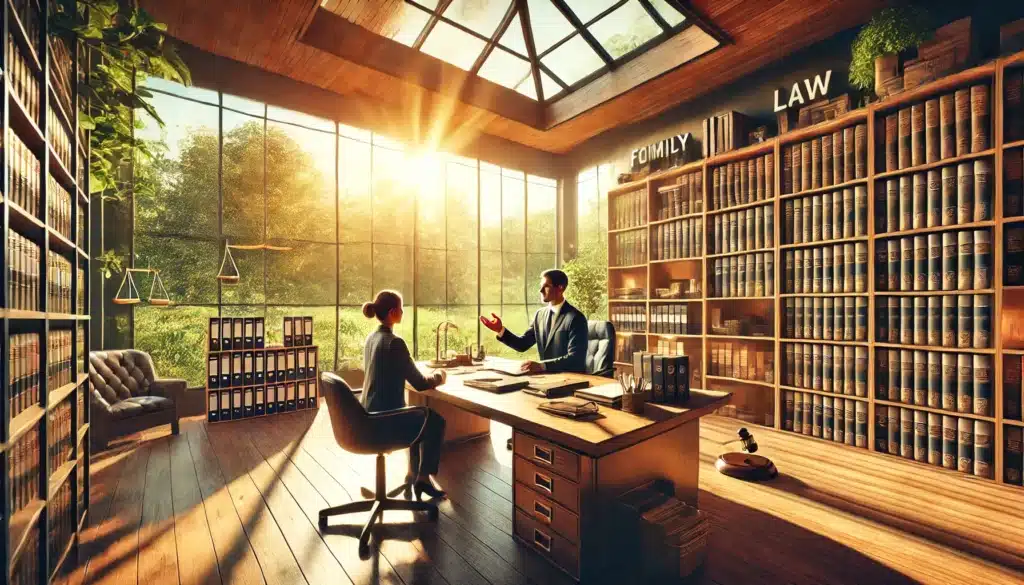 A wide-angle, photo-realistic, cinematic image with summer vibes capturing an overview of comprehensive family law services offered by a law firm. The setting includes a spacious, well-lit office with large windows overlooking a lush, sunlit outdoor scene. The atmosphere is warm and inviting, with a professional attorney sitting at a polished wooden desk, surrounded by organized files, legal books, and documents. The attorney gestures, explaining services to an attentive client across the desk. The image conveys a sense of professionalism, trust, and support, showcasing a welcoming environment for family law consultation in Texas.