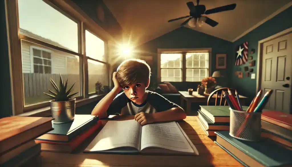 Wide-angle, photo-realistic, cinematic image with summer vibes. The scene depicts the impact of divorce on children's academic performance. A child sits at a desk, surrounded by school books, looking concerned and distracted while trying to study. The background shows a typical home setting with soft sunlight streaming through a window, casting a warm glow. The child’s expression reflects the emotional weight of family issues affecting concentration. The atmosphere is slightly somber yet calm, highlighting the challenges faced by children dealing with the stress of divorce during a sunny Texas day.