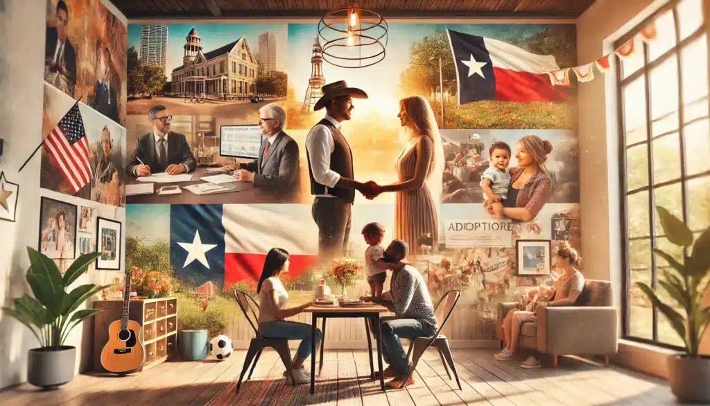 A cinematic, photo-realistic wide-angle image with summer vibes, depicting different types of adoption processes in Texas. The scene shows a collage-like setup in a bright, welcoming space, symbolizing various adoption scenarios: a happy couple holding hands with a child, an attorney explaining paperwork in an office, and a multicultural family bonding in a park. The atmosphere is warm, vibrant, and inviting, with subtle Texan elements like a Lone Star flag or local decor enhancing the setting. The image conveys diversity, unity, and the importance of professional guidance in adoption.