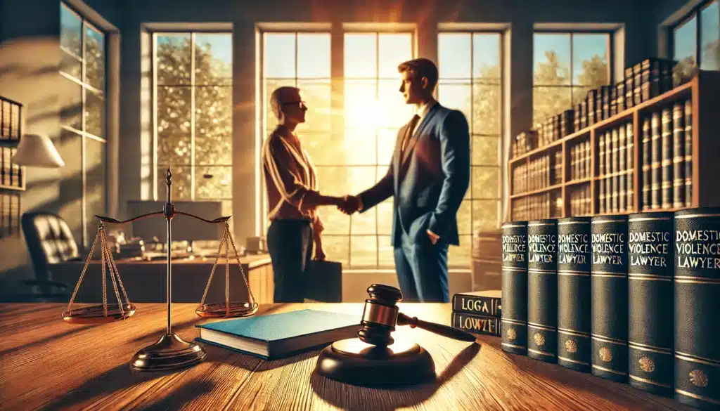 A photo-realistic, cinematic wide-angle image depicting the key qualities to look for in a domestic violence lawyer. The scene shows a lawyer standing confidently, engaging in a professional consultation with a client. The lawyer holds legal documents, with a background of a law office bathed in warm summer light filtering through large windows. Symbols of trust, communication, and experience are represented subtly: a handshake, legal books, and a courtroom sketch in the background. The atmosphere is professional yet welcoming, capturing the essence of reliability and support in a legal setting.