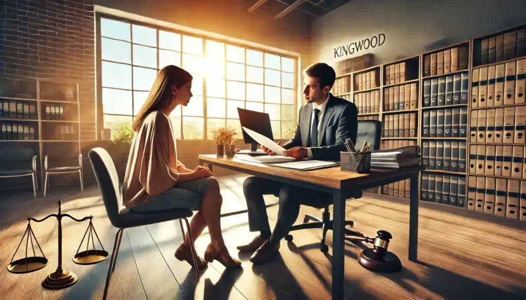 A wide-angle, photo-realistic, cinematic image of a Kingwood Texas child support attorney assisting a client. The scene is set in a professional office with summer light streaming through large windows. The attorney is seated across from the client, discussing legal documents with a supportive and attentive demeanor. The client appears engaged, with a look of relief. The setting includes a desk with legal paperwork, a computer, and bookshelves in the background, creating a welcoming and professional atmosphere. Summer vibes are present with sunlight casting a warm glow.