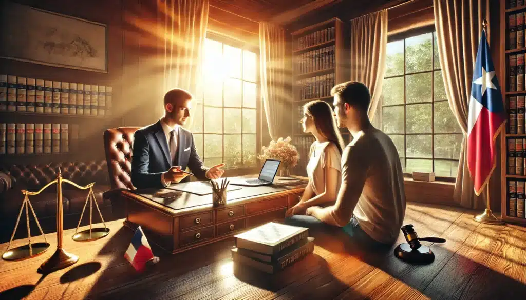 A wide-angle, photo-realistic, cinematic image illustrating strategies for navigating property division with the help of experienced attorneys. The scene depicts a professional office with a warm summer vibe, where an attorney is sitting across from a couple at a polished wooden desk, discussing documents. The sunlight streams through large windows, casting a welcoming glow on legal books, a laptop, and a small Texas flag in the background. The couple appears engaged and optimistic, while the attorney gestures confidently, creating an atmosphere of guidance and expertise.