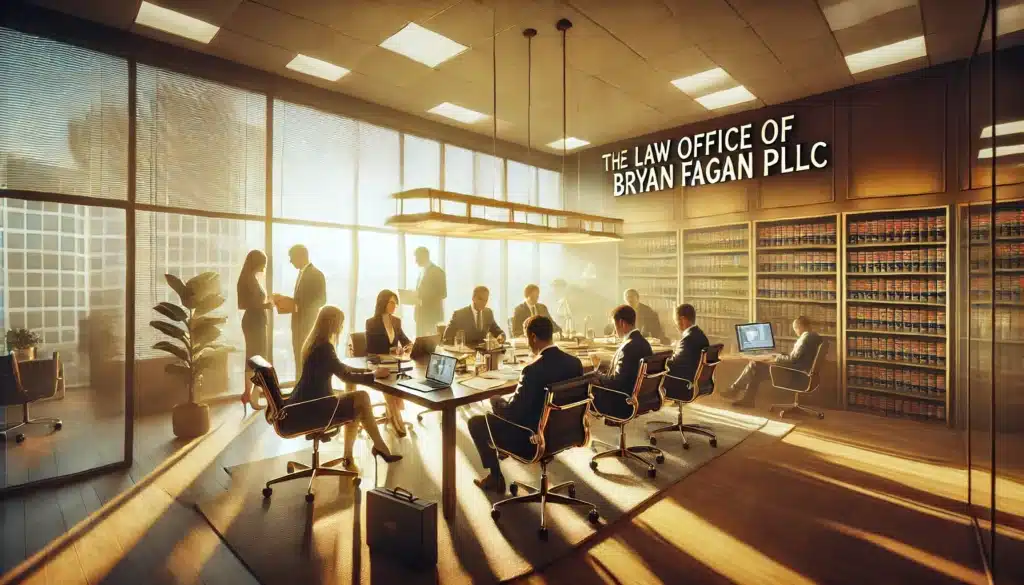 A wide-angle, photo-realistic, cinematic image with summer vibes depicting The Law Office of Bryan Fagan PLLC team at work. The scene is set in a modern, professional law office with soft sunlight streaming through large windows. The team of attorneys and legal assistants are gathered around a conference table, actively discussing a case. The atmosphere is collaborative and focused, with legal documents, laptops, and notebooks scattered across the table. The mood is dynamic yet calm, conveying a sense of professionalism, teamwork, and dedication to client service. The office setting exudes warmth and expertise, reflecting the supportive environment of The Law Office of Bryan Fagan PLLC.