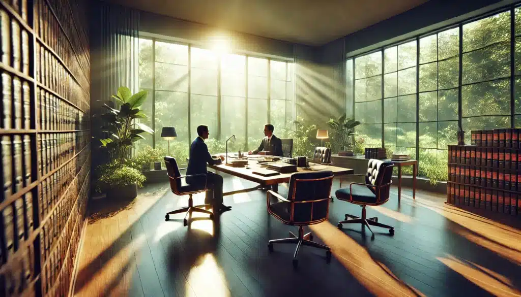 A wide-angle, photo-realistic, cinematic image of a professional legal consultation setting during summer. The scene features an elegant conference room with a large table, where an attorney is discussing case details with a client in a calm and focused atmosphere. Sunlight streams through large windows, revealing a lush, green outdoor view, enhancing the summer vibes. The setting conveys professionalism, trust, and the high-stakes nature of the legal discussion, with legal documents, laptops, and books subtly visible on the table.