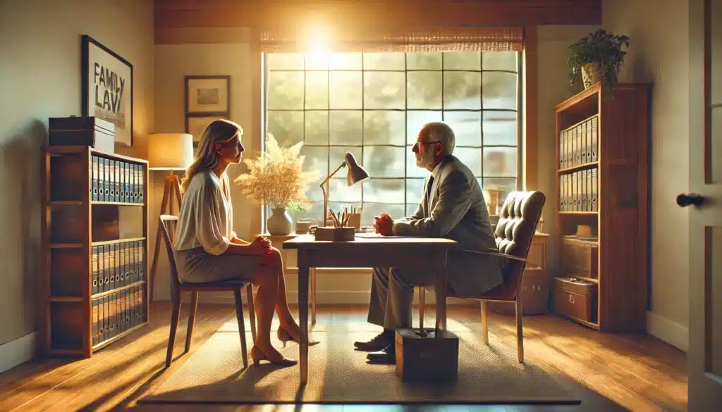 A wide-angle, photo-realistic, cinematic image with summer vibes showing a family law attorney consulting with a client in Conroe, Texas. The scene is set in a warm, welcoming office with soft sunlight streaming through the windows. The attorney, a professional and approachable figure, is seated at a desk, listening attentively to the client, who appears thoughtful and engaged. The atmosphere is calm and supportive, evoking trust and confidence. The office is modern yet cozy, with touches of Texas charm. The mood should convey a sense of reassurance and guidance during a pivotal legal consultation.