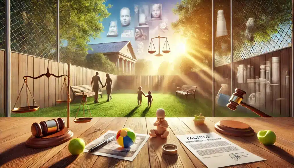 A wide-angle, photo-realistic, cinematic summer scene illustrating the factors considered by courts in parental rights termination cases. The setting is a bright, sunlit park or backyard, symbolizing the family environment, with soft shadows and warm light. In the foreground, symbolic items like a child’s toy, a family photo, and a legal document are scattered, representing emotional, physical, and legal aspects. In the background, a distant courthouse or scales of justice subtly visible, representing the legal decision-making process. The image conveys a balance of hope and solemnity in a family-friendly summer atmosphere.