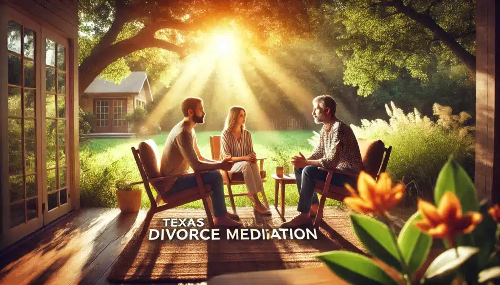 A wide-angle, photo-realistic cinematic image illustrating the benefits of Texas divorce mediation. A serene, collaborative setting with a couple seated outdoors with a neutral mediator, all engaged in a relaxed, open conversation. The summer vibes are conveyed through warm, natural sunlight filtering through lush greenery. The atmosphere is peaceful and cooperative, showing the benefits of mediation in creating amicable solutions. Texas is subtly indicated in the background, possibly with native plants or a gentle landscape, emphasizing a comfortable, positive approach to resolving issues.