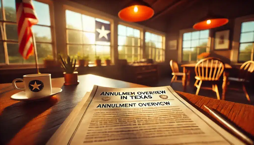 Wide-angle, photo-realistic, cinematic summer scene featuring a close-up view of a blurred legal document titled 'Annulment Overview in Texas.' The document is slightly out of focus with the Texas state emblem faintly visible. The background depicts a bright and sunlit office desk with warm summer light streaming through a window. There are subtle hints of greenery outside, adding to the summer vibe. The overall scene is professional yet inviting, with a focus on clarity and warmth, representing legal proceedings in a positive, approachable manner.