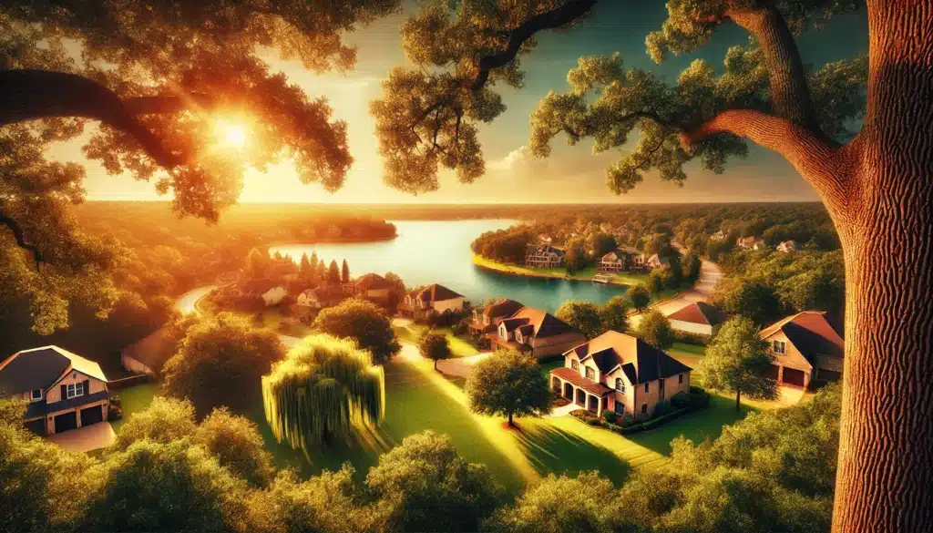 A cinematic, wide-angle, photo-realistic image with summer vibes showing a scenic view of Conroe, Texas. The image captures a peaceful and inviting suburban landscape with lush green trees, a calm lake, and homes in the background. The golden sunlight bathes the scene in warmth, creating a sense of tranquility. The atmosphere evokes a strong sense of community, with the beauty of nature surrounding the town. This image represents the local environment where divorce proceedings take place, offering a contrast between the calm surroundings and the emotional journey of divorce.