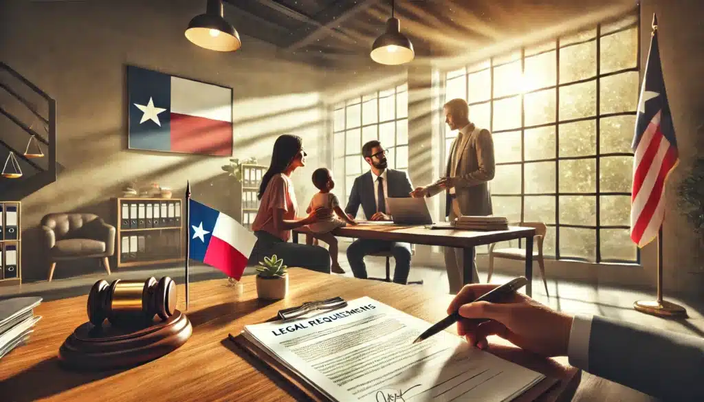 A cinematic, photo-realistic wide-angle image with summer vibes, depicting the legal requirements for adoption in Texas. The scene features a professional office setting with a lawyer seated at a desk, explaining legal documents to a couple with a child. The desk has adoption-related paperwork, a laptop, and a small Texas flag. Sunlight streams through large windows, illuminating the space with a warm, inviting glow. The atmosphere conveys trust, clarity, and professionalism, emphasizing the importance of meeting legal standards for adoption in Texas.