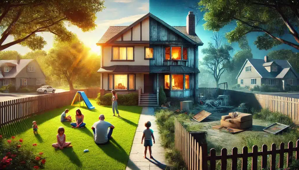 A cinematic, photo-realistic wide-angle image depicting common scenarios leading to parental rights termination. The scene shows a suburban neighborhood in summer with contrasting elements. On one side, a child is playing on the lawn with a caregiver under the warm sunlight, evoking hope and stability. On the other side, a house with broken windows and an abandoned look symbolizes neglect. The setting is framed by lush green trees and a bright blue sky, balancing the gravity of the subject with the vibrancy of summer vibes. The image tells a story of contrasting environments, highlighting the circumstances leading to parental rights termination.