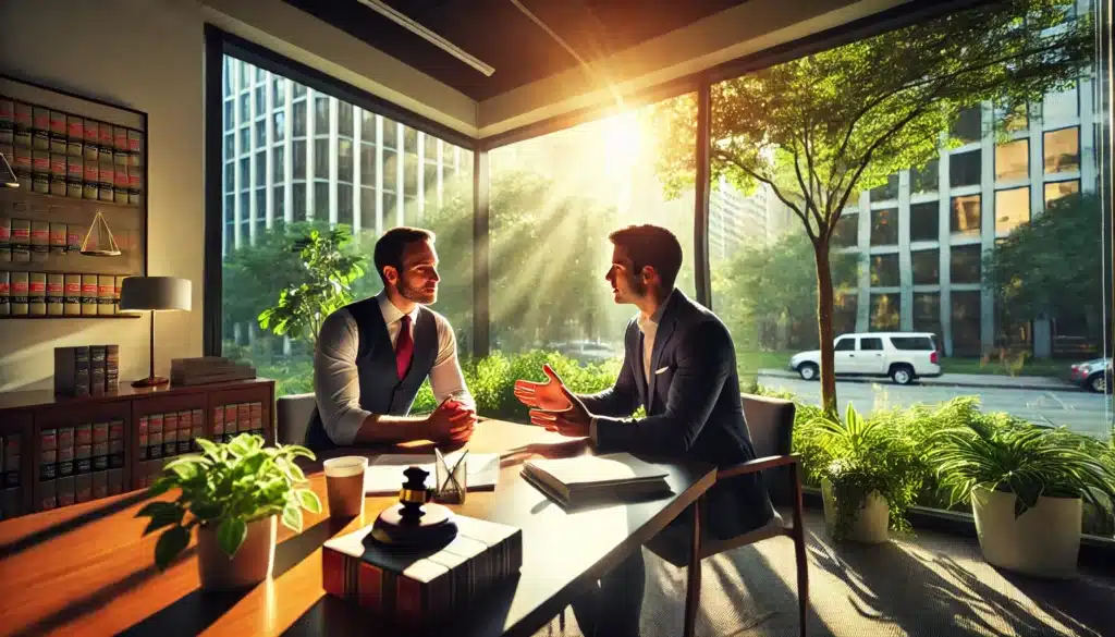 A wide-angle, photo-realistic cinematic scene of a local attorney discussing legal strategies with a client in The Woodlands, Texas, on a sunny summer day. The setting features a professional office space with large windows or an outdoor area with lush greenery and sunlight filtering through the trees. The attorney appears focused and engaged, explaining details to the client, who listens intently. The atmosphere is collaborative and supportive, capturing a moment of connection and trust. The warm summer light adds to the inviting, positive vibe of the scene.