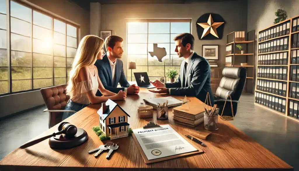 A wide-angle, photo-realistic, cinematic image with summer vibes showing a property division attorney in action during a divorce consultation. The attorney is seated at a polished wooden desk, engaging with a couple, providing guidance on dividing assets. Documents, a laptop, and symbolic items like a house model, car keys, and legal folders are neatly arranged on the desk. The setting is bright and professional, with warm sunlight streaming through large office windows and subtle Texas-themed decor, including a lone star symbol and rustic accents. The atmosphere conveys trust, clarity, and professionalism.