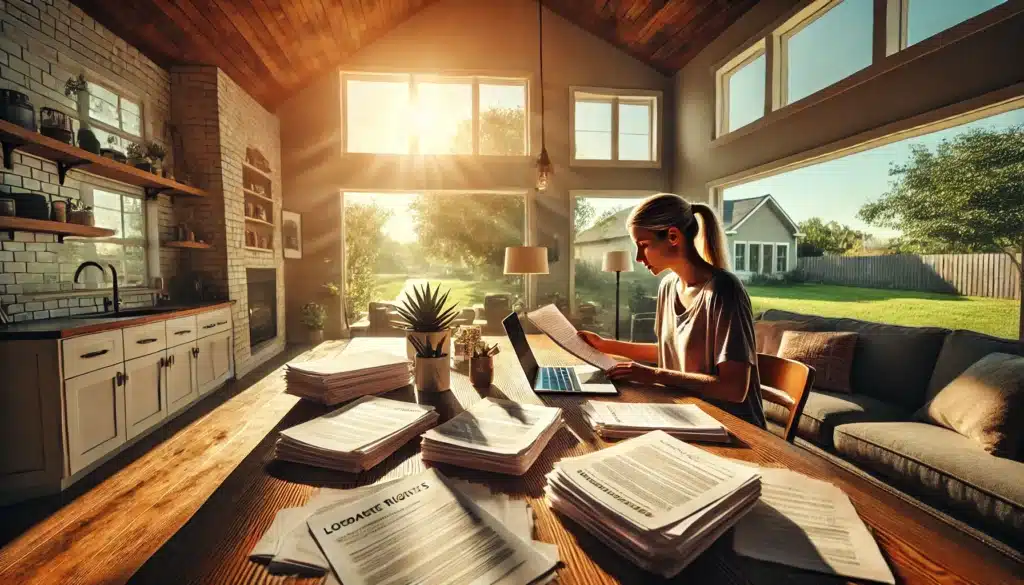 Wide-angle, photo-realistic, cinematic image with summer vibes, showing a parent reviewing legal documents to protect their parental rights in a child custody case. The scene is set in a bright, modern living room with natural sunlight streaming in, casting a warm glow. The parent is seated at a table, surrounded by legal paperwork and a laptop, looking focused and determined. The atmosphere is calm yet serious, reflecting the importance of the moment. The background features an open window with a view of a sunny, green park outside, giving a sense of summer in Kingwood, Texas.