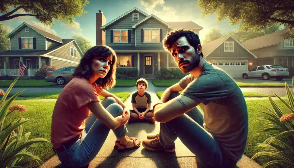 A cinematic, wide-angle, photo-realistic image of a family facing challenges during a CPS investigation. The scene depicts a suburban home on a bright summer day, with emotional stress subtly conveyed through the family’s expressions. The parents look worried, with a sense of tension in the atmosphere, while their child appears uncertain and confused. The background shows a peaceful neighborhood, contrasting with the emotional weight of the moment. The image captures the balance between the calmness of a summer day and the overwhelming emotions of a CPS investigation. The family’s bond and the weight of the situation are clearly felt in the scene.