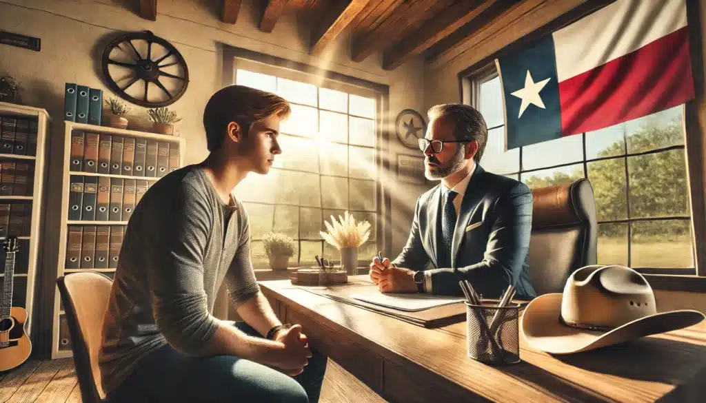 A wide-angle, photo-realistic, cinematic image with summer vibes set in Spring, Texas. The scene shows a concerned father sitting across from a professional attorney in an office setting. The father looks attentive and focused as the attorney, a confident figure, provides advice. The background shows sunlight streaming through large windows, highlighting the warm and inviting atmosphere. The office features subtle Texas-themed decor, like a small state flag or cowboy hat in the corner, adding local flavor. The overall image conveys a supportive and professional environment, emphasizing the legal consultation process.